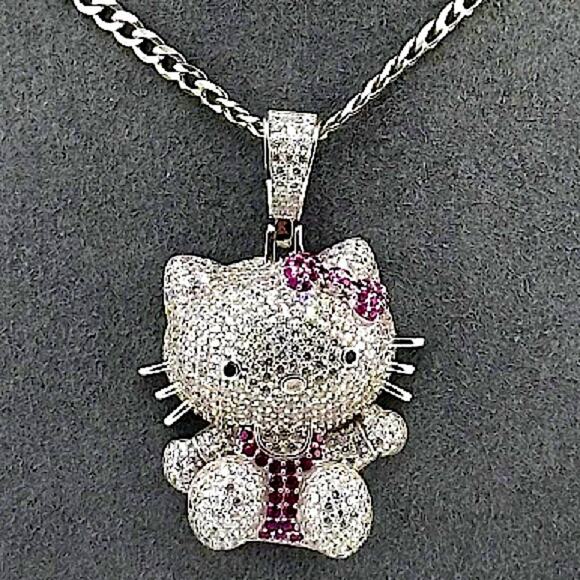 Silver Iced Out Hello Kitty Charm Pendant Necklace 3D Full Body - Picture 2 of 4